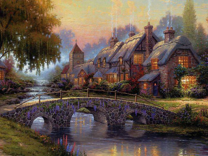 (image for) Handmade Oil painting for home canvas, oil painting framed canvas for living room Thomas Kinkade's painting, NO.44